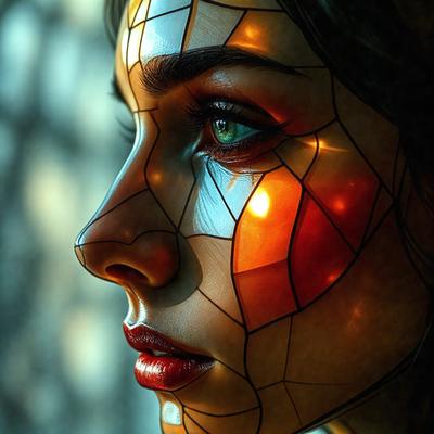 The primary subject of the image is a woman with a unique and artistic appearance. She has a face painted with a pattern that resembles a mosaic, giving her a distinctive look. The setting is a room with a window, and the visual style is a combination of photo and digital art. The colors and mood of the image are vibrant and creative, with the woman's face being the main focus of the scene.